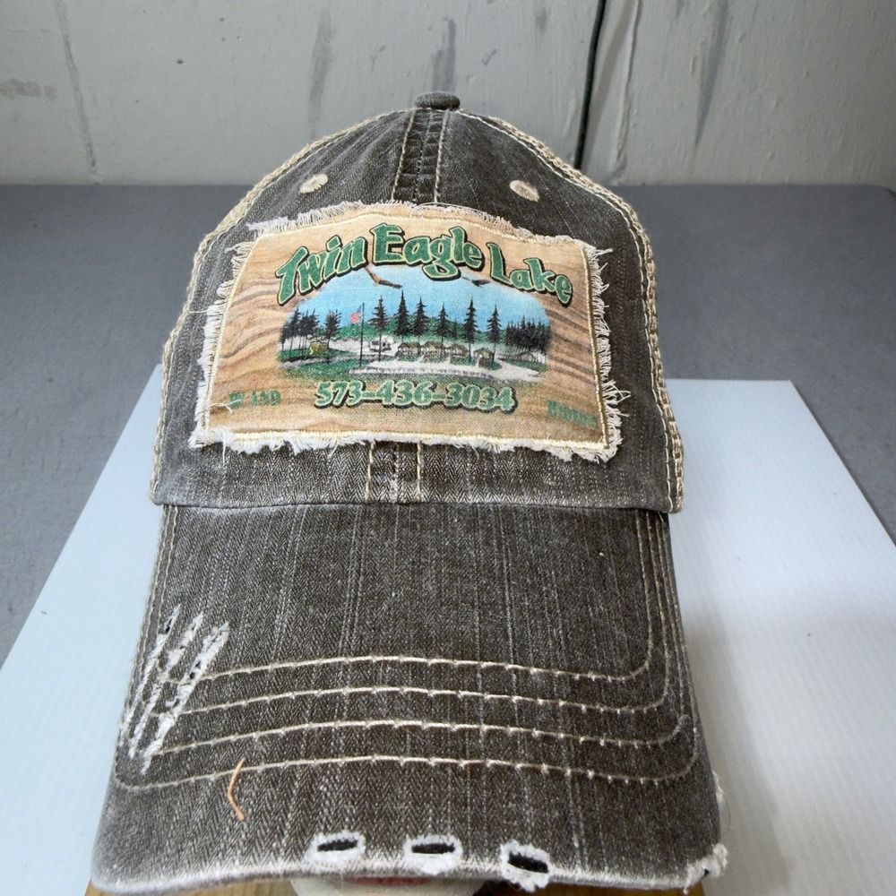 HG Twin Eagle Lake Missouri‎ Trucker Hat Distressed Mesh Back Charcoal Gray OSFA